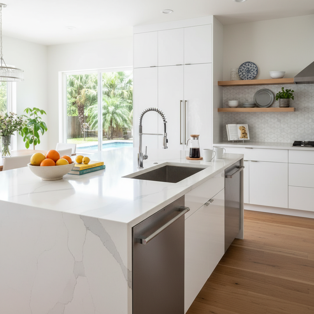Homeowner admiring a newly installed granite kitchen countertop in their bright Orlando home, emphasizing improved aesthetics.
